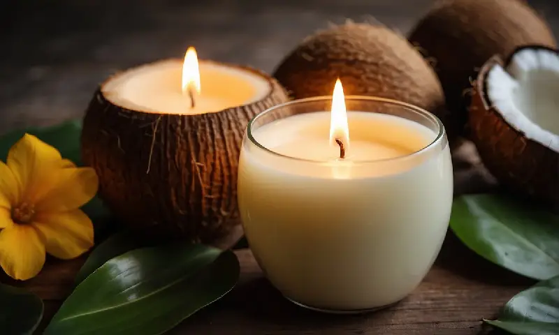 Mahogany teakwood candle glowing in a natural setting with warm ambient light