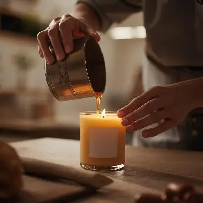Hand-pouring wax into a premium mahogany teakwood scented candle in a professional candle-making studio