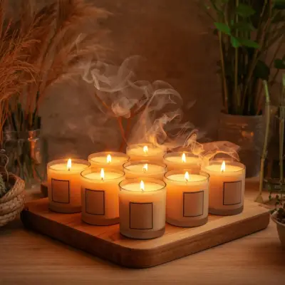 A set of premium scented candles lit together, creating a warm glow and releasing a rich, calming fragrance in an elegant indoor setting.
