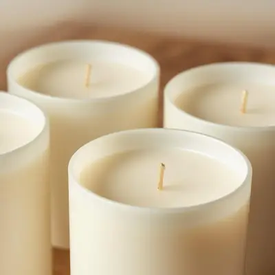 Close-up of premium soy wax candles with perfectly centered wick systems, showcasing clean and smooth candle craftsmanship.