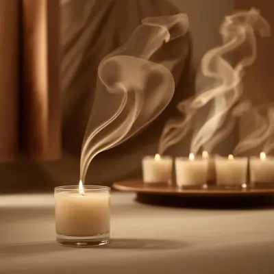 A lit scented candle releasing smooth, flowing aromatic smoke, symbolizing consistent fragrance quality in a calm, elegant setting.